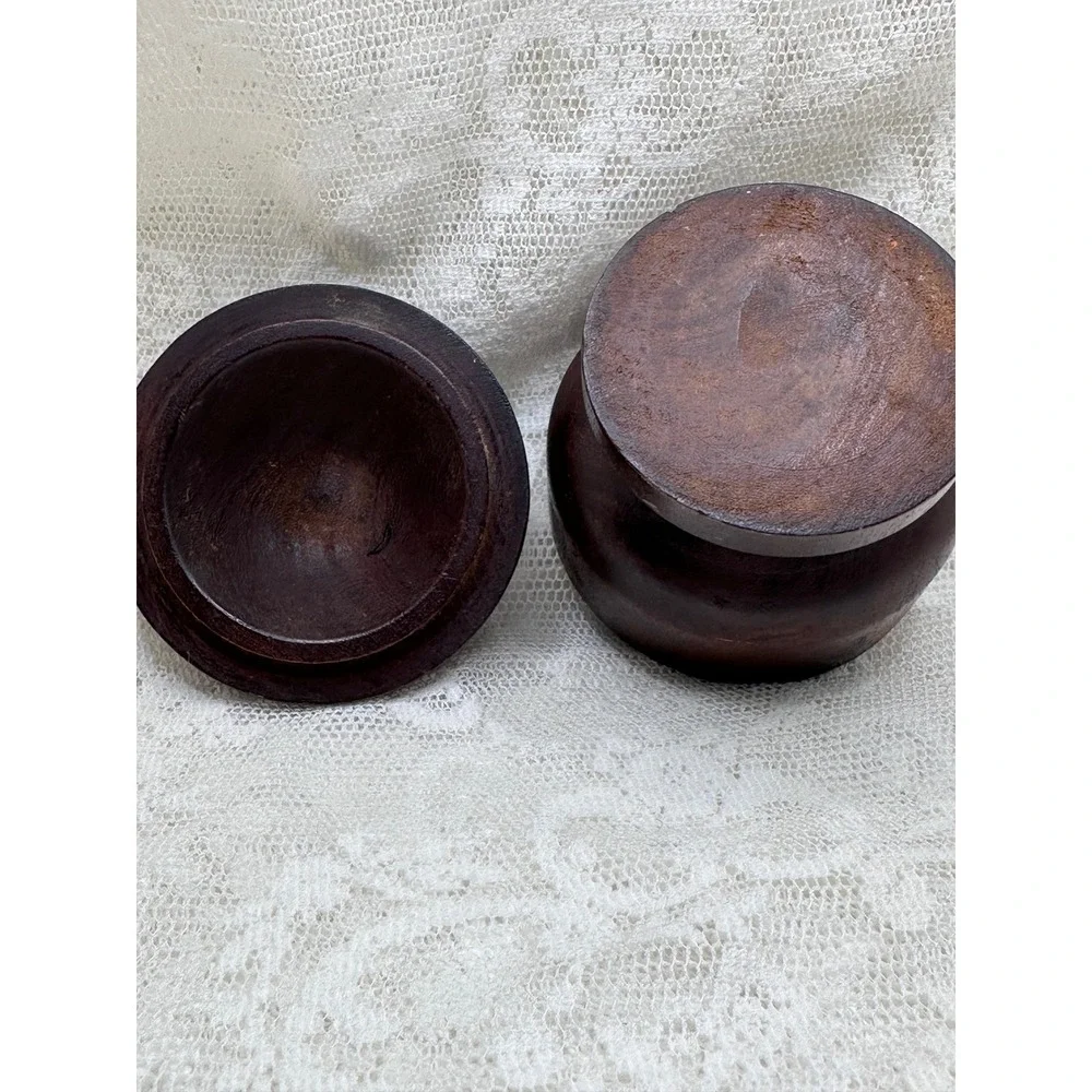 Vintage Dark Wood Pedestal Trinket Box with Lid Hand Turned Round Keepsake Jar